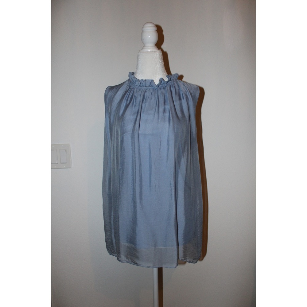 Gigi Moda Italy Women Blue Silk Blend Ruffle High Neck Sleeveless‎ Blouse Top L